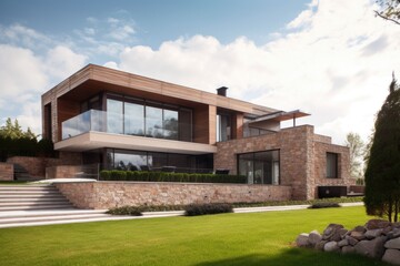 Fototapeta na wymiar home with natural stone exterior and contemporary design elements, created with generative ai