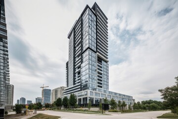 Obraz na płótnie Canvas high-rise apartment building, with sleek and modern exterior, towering over the cityscape, created with generative ai