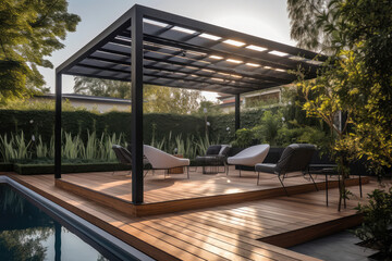 a lavish side outside garden at morning, with a teak hardwood deck and a black pergola. Scene in the evening with couches and lounge chairs by the pool, generative AI	
