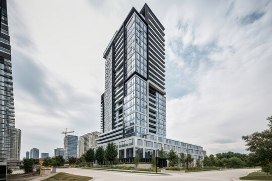 high-rise apartment building, with sleek and modern exterior, towering over the cityscape, created with generative ai