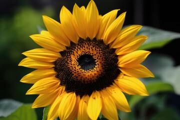 close-up of sunflower head, with its yellow petals and black center in full view, created with generative ai