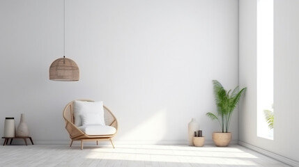 Minimal concept. interior of living white fabric armchair, wooden table on wooden floor and white wall. Generative ai