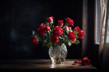 red roses in a crystal vase on dark wood table, created with generative ai