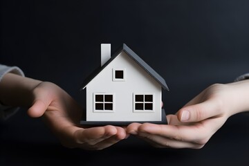 Hands with house toy, concept of bank credits or house insurance, ai generated