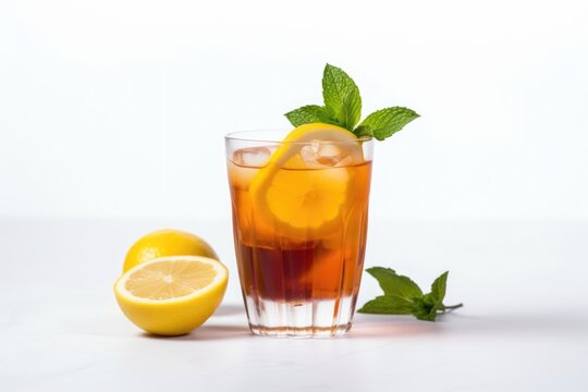 refreshing iced tea with lemon wedge and mint leaf on white background, created with generative ai