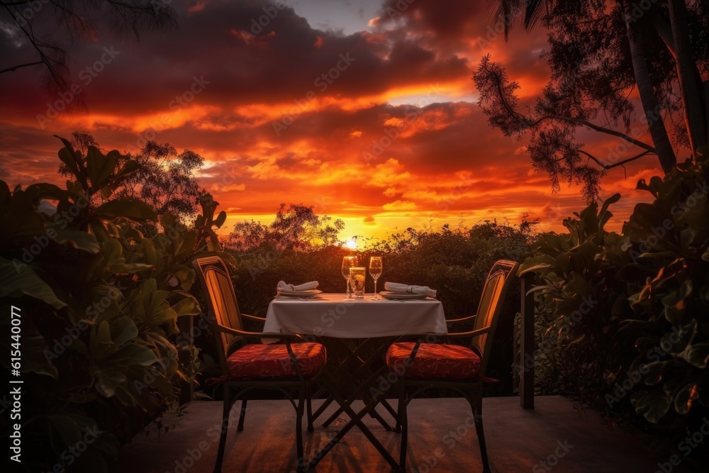 Wall mural dramatic sunset with tabletop and seating for two, created with generative ai