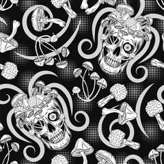 Psychedelic surreal label with human skull without top like cup full of fantasy mushrooms, text. Crazy mad skull with single eye, growing through skull mushrooms. Concept of madness, insanity.