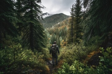 Obraz premium person, lost in the wilderness, surrounded by towering trees and rugged terrain, created with generative ai