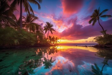 Fototapeta na wymiar colorful sunset over a lush tropical paradise, surrounded by palm trees and clear blue waters, created with generative ai