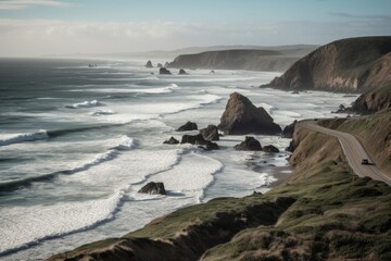 Obraz premium a road trip on the coast, with views of the ocean and waves rolling in, created with generative ai