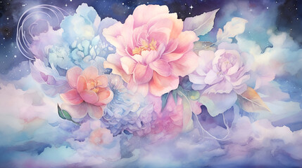 Fototapeta premium Beautiful watercolor galaxy background with cosmic flowers. Watercolor&nbsp;magical&nbsp;painting. AI illustration. For design of invitations, postcards, souvenirs, posters, for decorating.