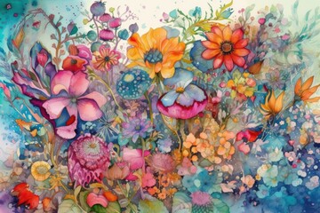 watercolor painting of blooming flower garden, with detailed and intricate petals, created with generative ai