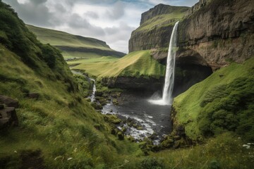 Obraz premium majestic waterfall surrounded by lush greenery and towering cliffs, created with generative ai