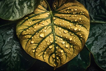Close up shot of Fresh Taro Leaves, glistening with drops of water. Created with Generative AI Technology