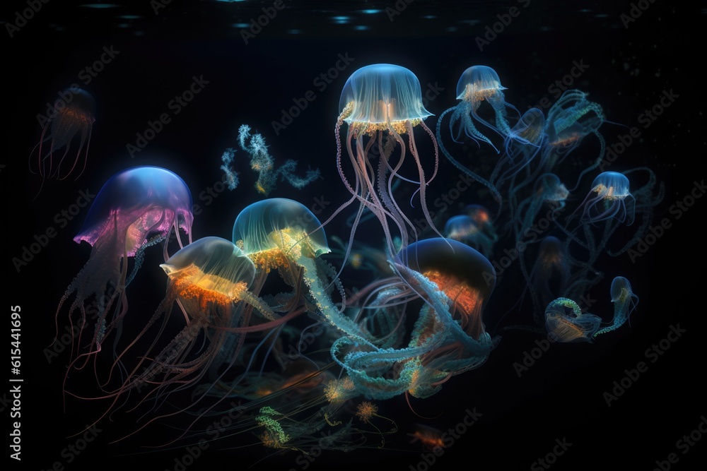 Wall mural deep-sea creatures racing each other in a display of bioluminescence, created with generative ai