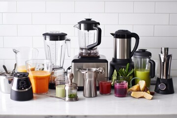 collection of kitchen gadgets, including mixers, blenders, and juicers, created with generative ai