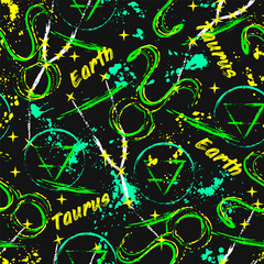 Green pattern with zodiac sign Taurus, constellation, text, paint splatter, brush strokes, alchemical triangle symbol of earth element Grunge style for sport goods, prints, clothing, t shirt design