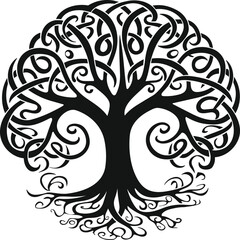 Tree of Life,  Irish Celtic Symbol Tree Silhouette, Black Vector isolated on White Background, pattern, tattoo, tribal Irish St Patrick's Day, Irish and Scottish carving art - obrazy, fototapety, plakaty