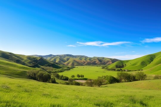 serene landscape with rolling hills and clear blue sky, created with generative ai