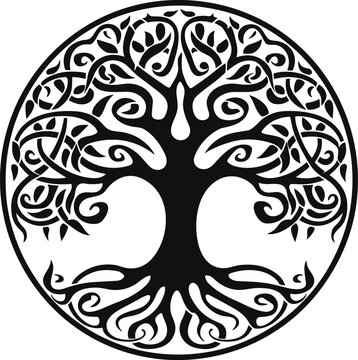 Tree of Life,  Irish Celtic Symbol Tree Silhouette, Black Vector isolated on White Background, pattern, tattoo, tribal Irish St Patrick's Day, Irish and Scottish carving art
