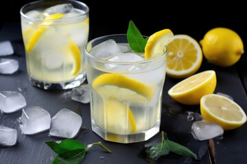 refreshing summer lemonade, with large cubes of ice and slice of lemon, created with generative ai