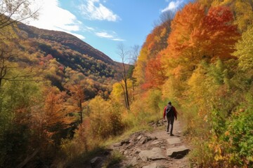 hike through colorful fall foliage, with the trail ahead, created with generative ai