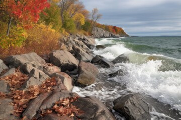 vibrant fall foliage on a rocky shore, with waves crashing against the shore, created with generative ai