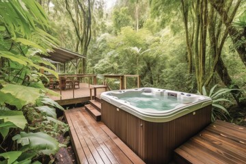 retreat with private hot tub, surrounded by lush greenery and peaceful setting, created with generative ai