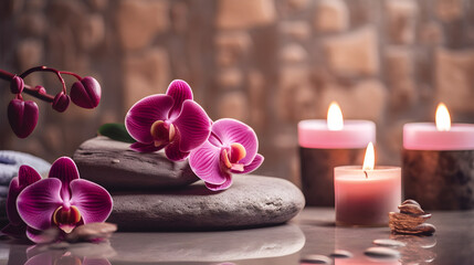 Obraz na płótnie Canvas spa still life with candles and orchid created with Generative AI