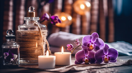 Obraz na płótnie Canvas spa still life with candles and orchid created with Generative AI