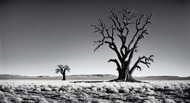 a black and white photo of a tree in the desert, generative AI.