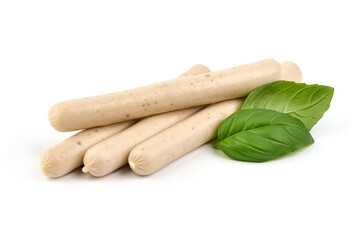 Fresh chicken sausages for barbeque or grill, isolated on white background.