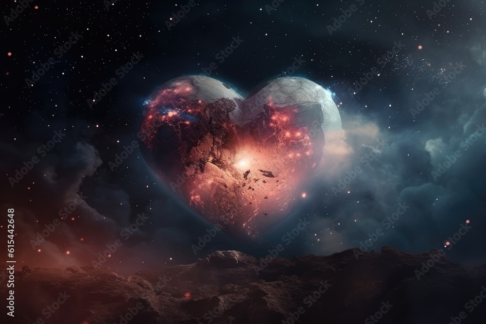 Wall mural heart-shaped nebula with starry background in a fantasy world, created with generative ai