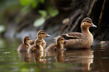 group of ducklings swimming in a pond, with their mother keeping watch, created with generative ai - obrazy, fototapety, plakaty