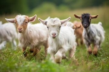 group of tiny goats head-butting and running around together in meadow, created with generative ai