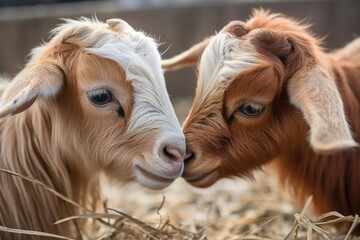 close-up of two tiny goats butting heads with their horns, created with generative ai