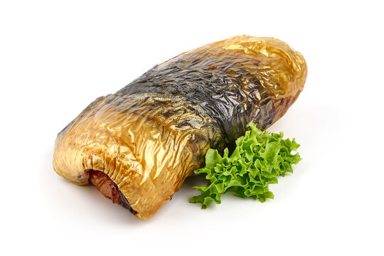 Cold smoked mackerel rollmop, close-up, isolated on white background.