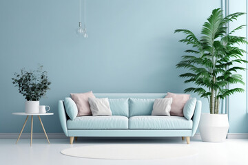 A blue pastel colored sofa in a blue walls living room  in scandinavian style mock up.Generated by AI