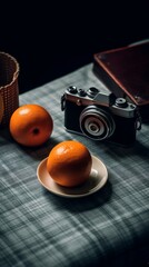 Fresh and juicy oranges on the table with camera. Feeling of freshness and juiciness. Generative AI