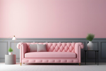 A pink pastel colored sofa in a pink  and grey walls living room mock up.Generated by AI.