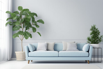 A blue pastel colored sofa in a light grey walls living room mock up.Generated by AI.