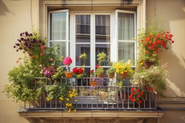 Fototapeta na wymiar window garden filled with colorful blooms and greenery on a minimalist balcony, created with generative ai