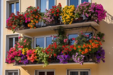 a colorful window garden overflowing with blooms on a modern apartment balcony, created with generative ai