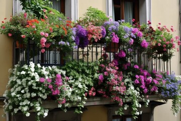 Fototapeta na wymiar window garden overflowing with blooms, spilling over the balcony railing, created with generative ai