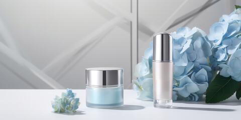 Cosmetic ad template. Blue Hydrangea or hortensia mockup with packaging, cosmetic bottle, jar. Flower blossom composition.Top view, flat lay.Generative ai
