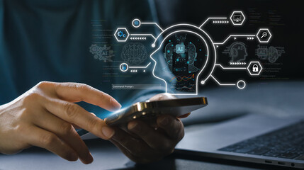 Business people use phone with digital technology future smart robot AI network bigdata, chat with AI ,network , technology transformation, Artificial Intelligence internet.Ai robot and technology
