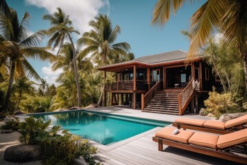 Fototapeta na wymiar remote island getaway with luxury villa, private beach and pool, created with generative ai