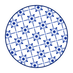 Porcelain plate with traditional blue on white design in Asian style. design pattern for background, plate, dish, bowl, lid, tray, salver, vector illustration art embroidery. diamond petals and grid.