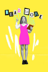 Vertical collage picture of amazed black white gamma girl hold book point finger read more isolated...