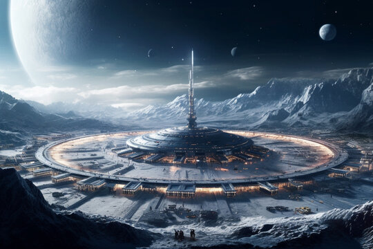 Sci fi futuristic alien base thriving on the enigmatic lunar landscape. Ai generated